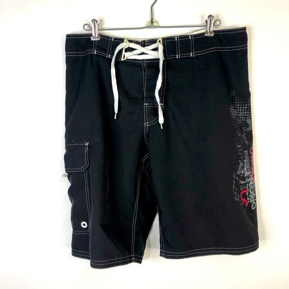 Men’s black with graphic long quick dry cargo swim trunks size 32 - Picture 1 of 9